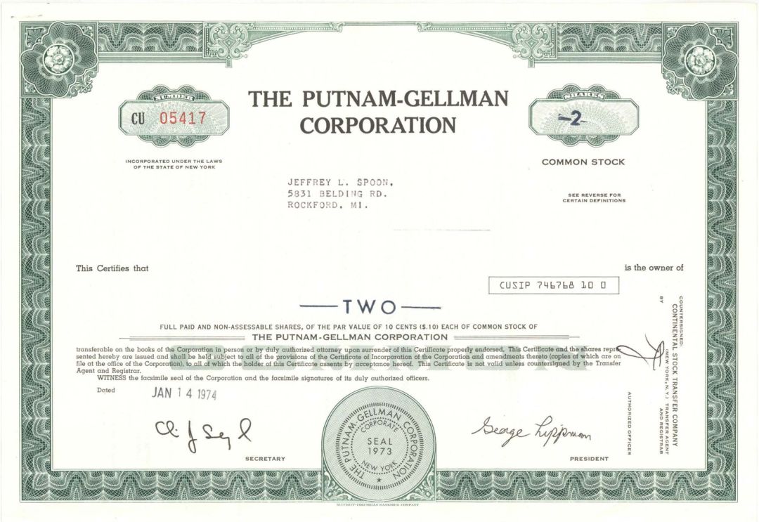 Putnam-Gellman Corp. -  1974 dated Stock Certificate