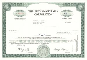 Putnam-Gellman Corp. -  1974 dated Stock Certificate