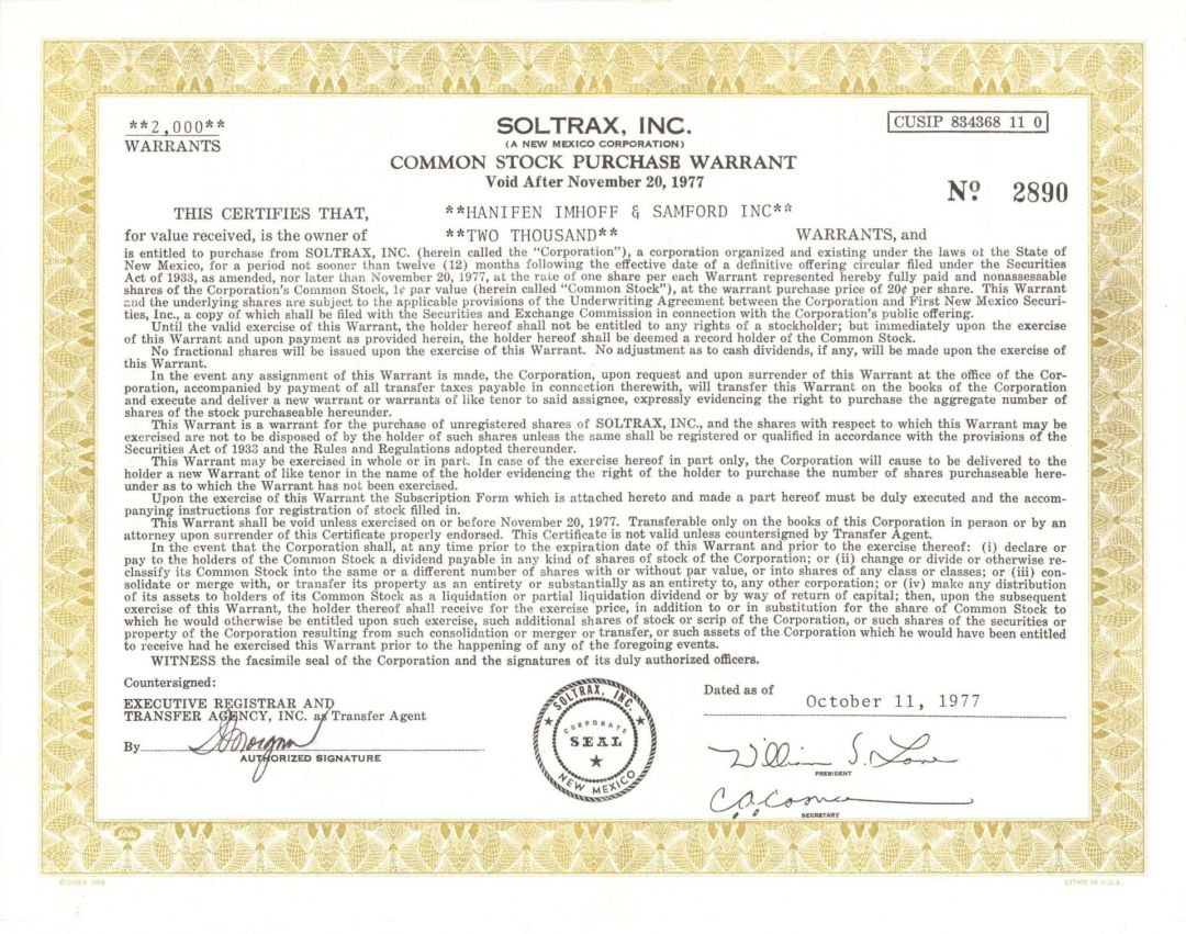 Soltrax, Inc. -  1977 dated Stock Certificate