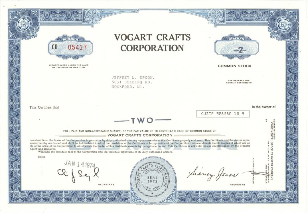 Vogart Crafts Corp. -  1974 dated Stock Certificate