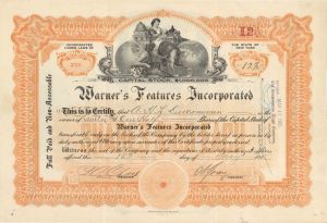 Warner's Features Inc. -  1915 dated Stock Certificate