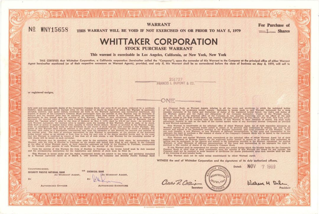 Whittaker Corp. -  1969 dated Stock Certificate