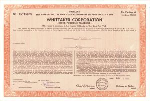 Whittaker Corp. -  1969 dated Stock Certificate