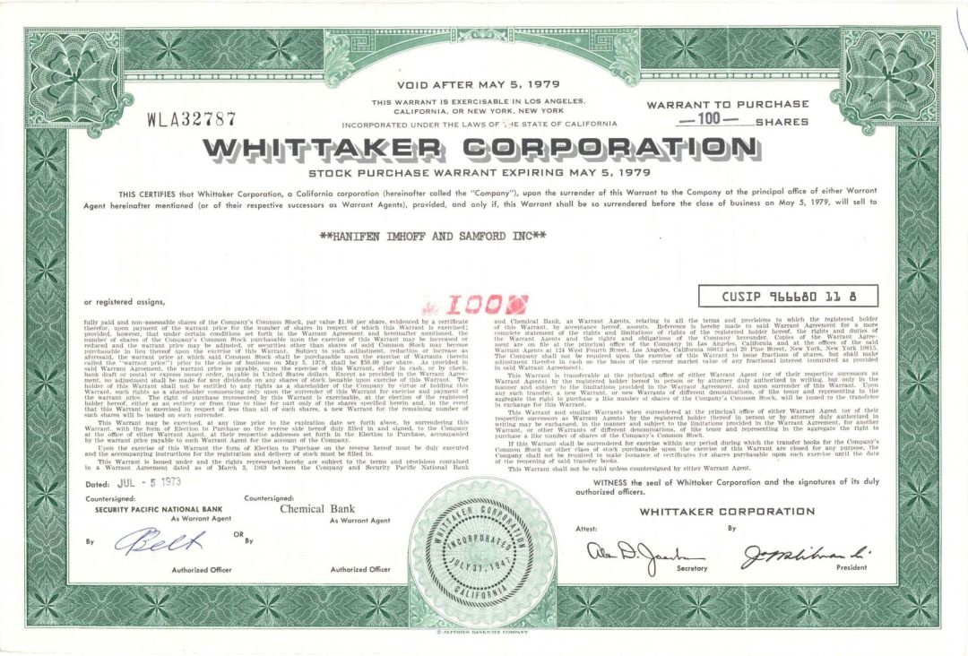 Whittaker Corp. -  1973 dated Stock Certificate