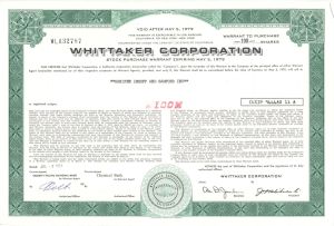 Whittaker Corp. -  1973 dated Stock Certificate