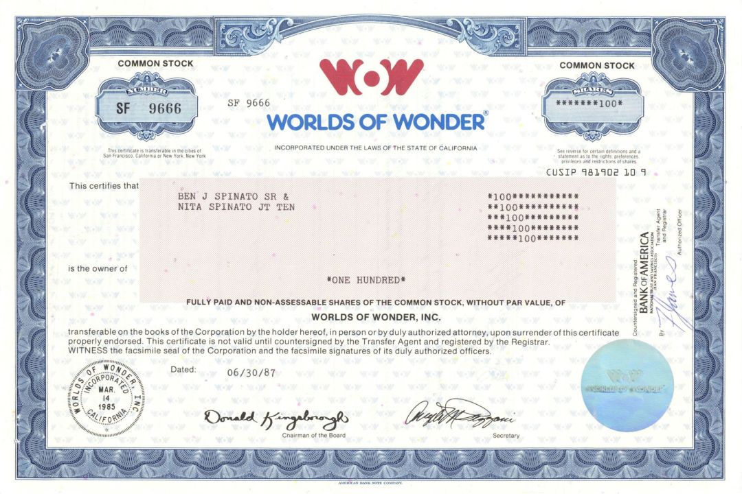 Worlds of Wonder - 1987 dated Fully Issued Stock Certificate