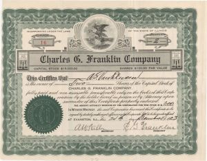 Charles G. Franklin Co.  - 1923 dated Stock Certificate