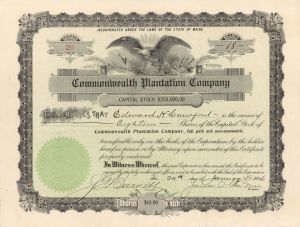 Commonwealth Plantation Co.  - 1906 dated Stock Certificate