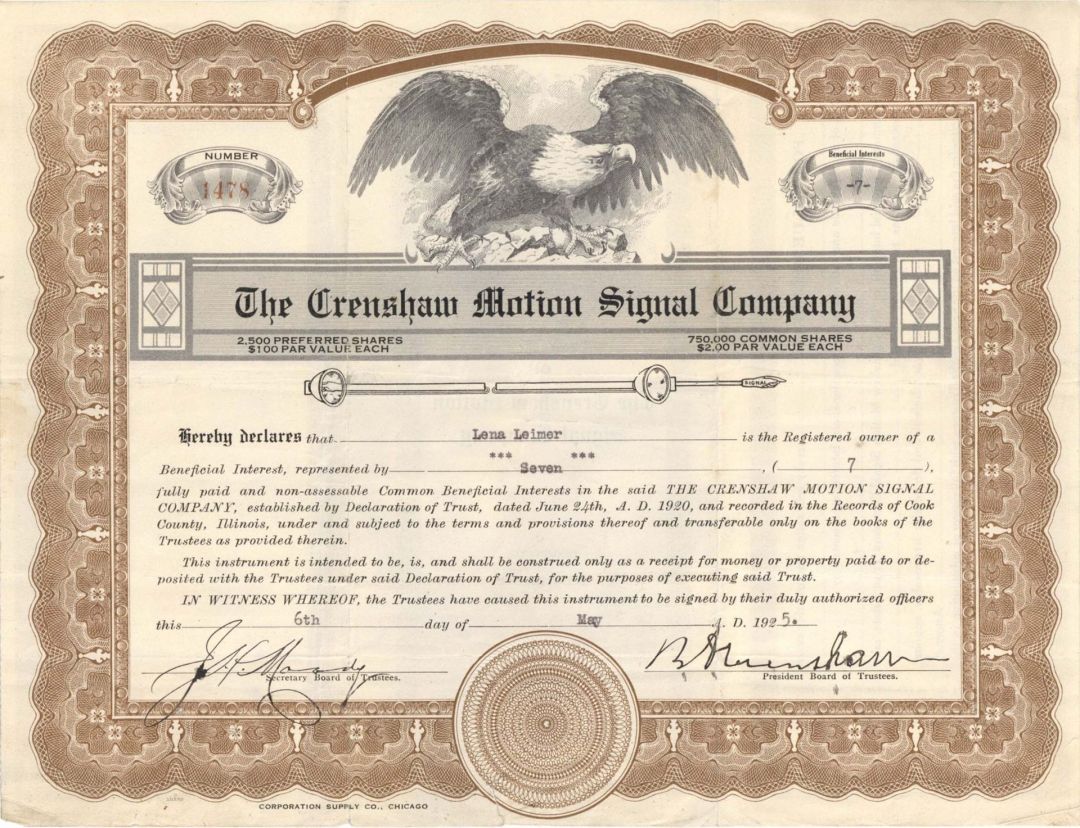 Crenshaw Motion Signal Co.  - 1925 dated Stock Certificate