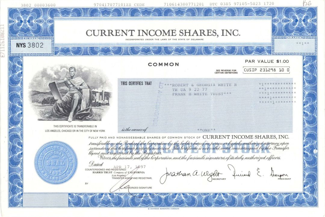 Current Income Shares, Inc.  - 1997 dated Stock Certificate