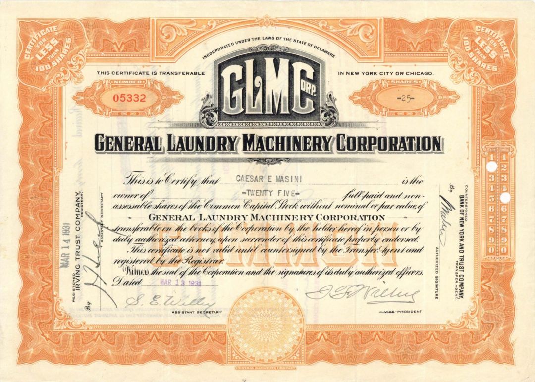 General Laundry Machinery Corp.  - 1931 dated Stock Certificate