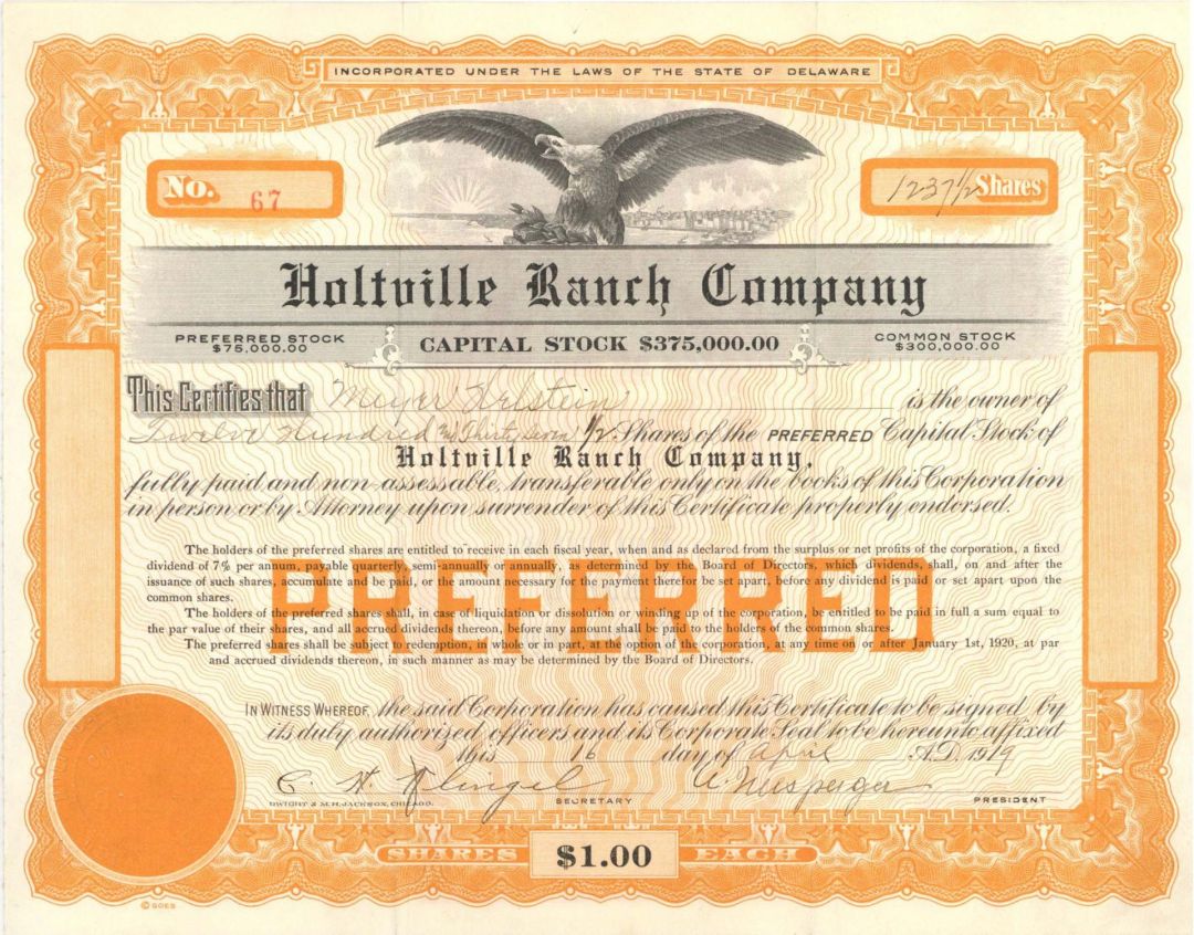 Holtville Ranch Co.  - 1919 or 1920 dated Stock Certificate