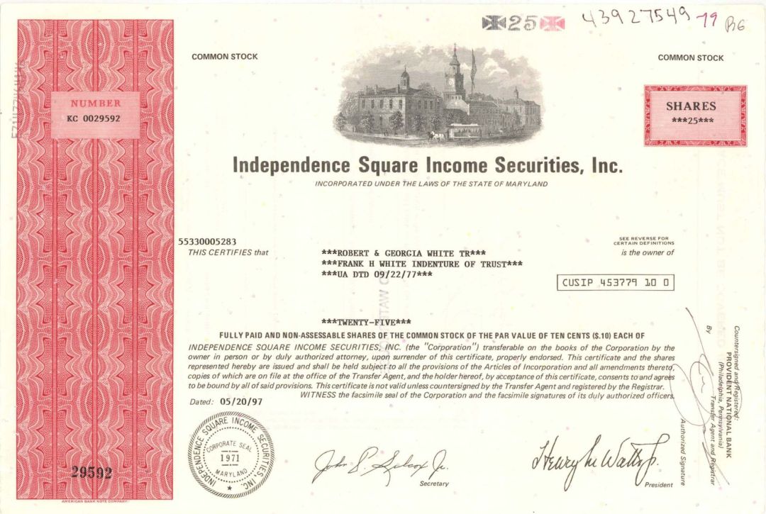 Independence Square Income Securities, Inc.  - 1997 dated Stock Certificate