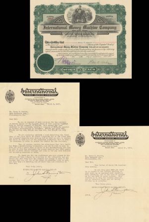 International Money Machine Co.  - 1916 dated Stock Certificate and 2 Letters