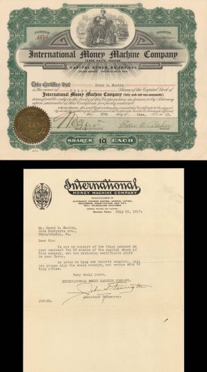 International Money Machine Co.  - 1917 dated Stock Certificate and Letter