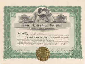 Ogden Rowotype Co.  - 1911 dated Stock Certificate