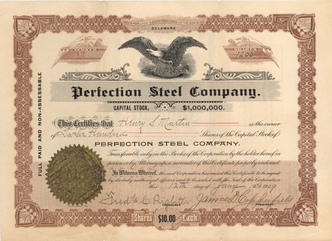 Perfection Steel Co.  - 1909 or 1911 dated Stock Certificate