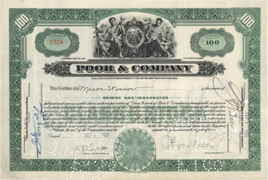 Poor and Company  - 1929 dated Stock Certificate