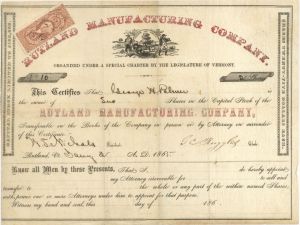 Rutland Manufacturing Co.  - 1865 dated Stock Certificate