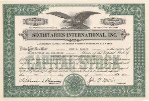 Secretaries International, Inc.  - 1925 dated Stock Certificate