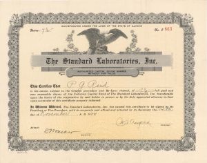 Standard Laboratories, Inc.  - 1922 dated Stock Certificate