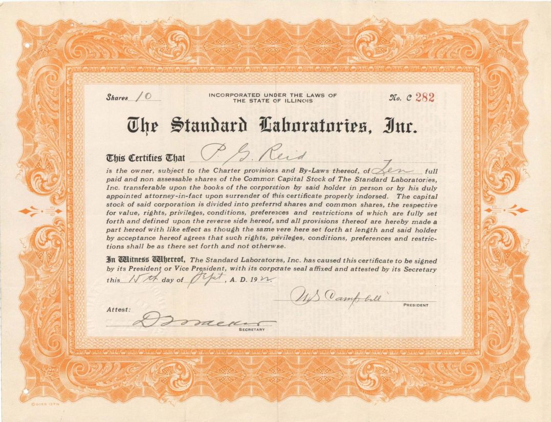 Standard Laboratories, Inc.  - 1922 dated Stock Certificate