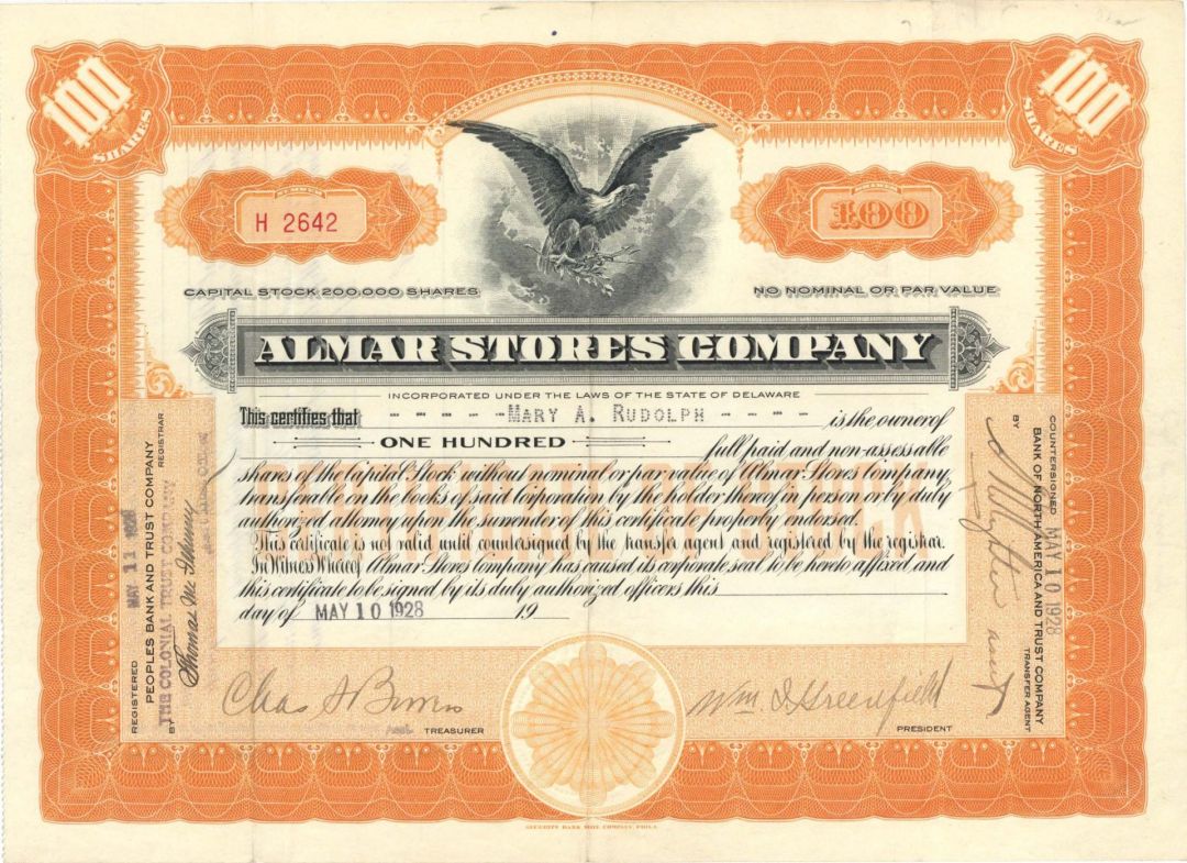 Almar Stores Company -  1928 or 1930 dated Stock Certificate