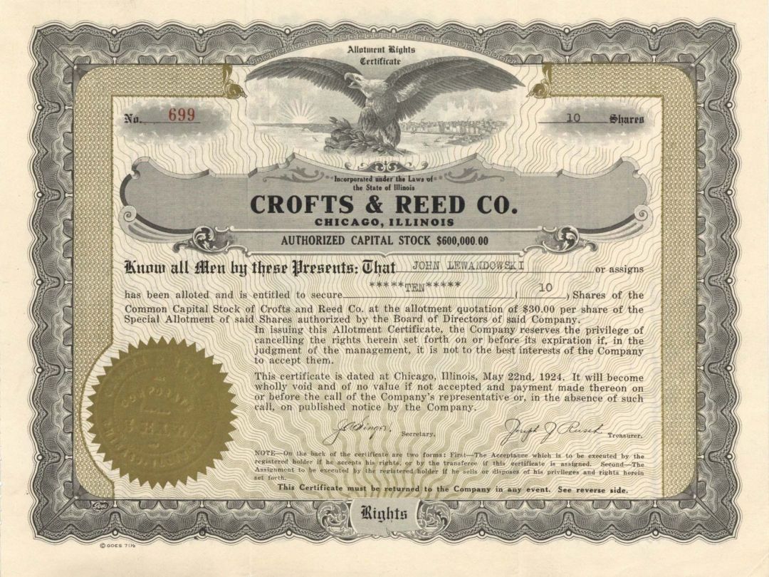 Crofts and Reed Co. -  1924 dated Stock Certificate