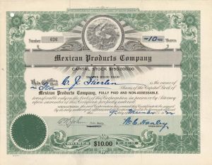 Mexican Products Co. -  1922 or 1924 dated Stock Certificate