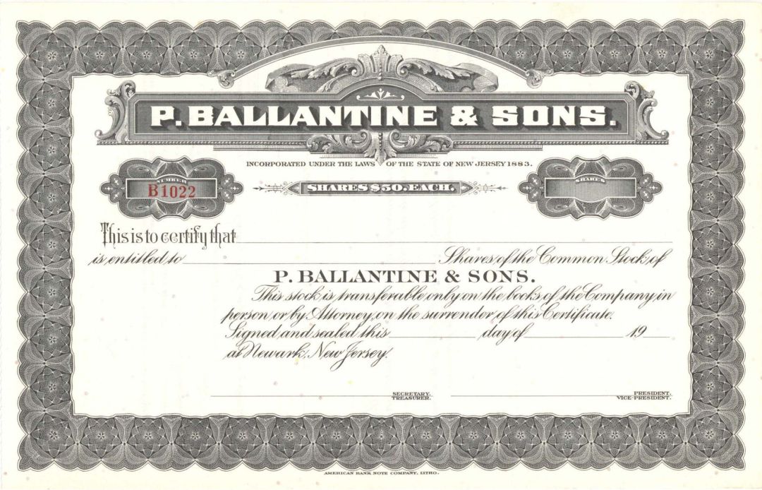 P. Ballantine and Sons. -  Unissued Stock Certificate