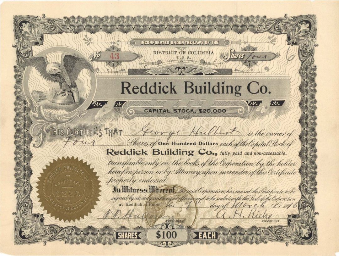 Reddick Building Co. -  1916 dated Stock Certificate