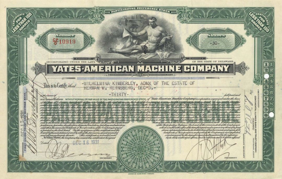 Yates-American Machine Co. -  1931 dated Stock Certificate