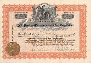 Bullet Proof and Non=Shatterable Glass Corp.  - 1923 dated Stock Certificate