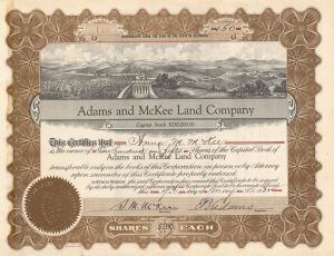 Adams and McKee Land Co. - 1932 dated Stock Certificate