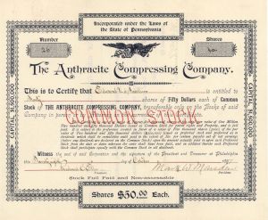 Anthracite Compressing Co. - 1897 dated Stock Certificate