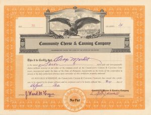Community Cheese and Canning Co. - 1930 dated Stock Certificate