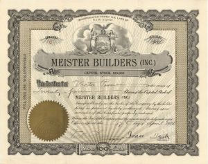 Meister Builders (Inc.) - 1914 dated Stock Certificate