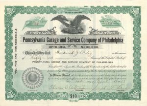Pennsylvania Garage and Service Company of Philadelphia - 1917 dated Stock Certificate