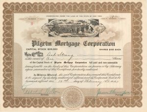 Pilgrim Mortgage Corp. - 1923 dated Stock Certificate