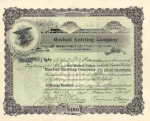 Roxford Knitting Co. - 1897 dated Stock Certificate