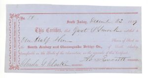 South Amboy and Cheesequake Bridge Co. - 1859 dated Stock Certificate