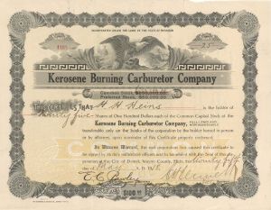 Kerosene Burning Carburetor Co.  - 1918 dated Stock Certificate