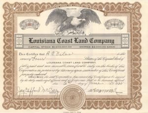 Louisiana Coast Land Co.  - 1925 dated Stock Certificate