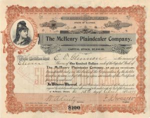 McHenry Plaindealer Co.  - 1899 dated Stock Certificate