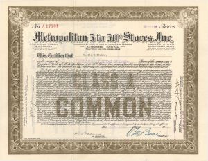 Metropolitan 5 to 50¢ Stores, Inc.  - 1922 dated Stock Certificate