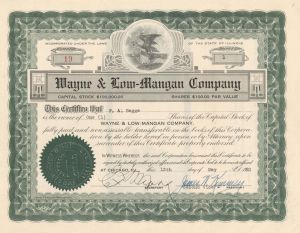 Wayne and Low-Mangan Co.  - 1930 dated Stock Certificate