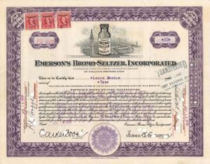 Emerson's Bromo-Seltzer, Inc.  - 1930-1952 dated Stock Certificate