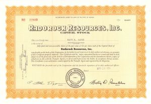 Radorock Resources, Inc.  - 1956 dated Stock Certificate