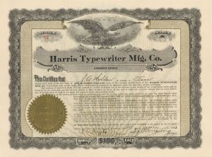 Harris Typewriter Mfg. Co. - 1913 dated Stock Certificate