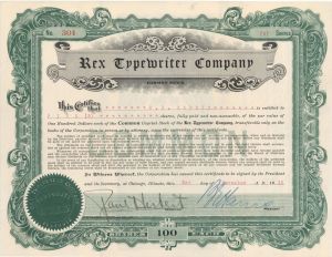 Rex Typewriter Co. - 1915 dated Stock Certificate